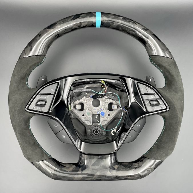 CORVETTE C7 STEERING WHEEL FLAT NEW LEATHER + CARBON MARKER CUSTOM 2014+
