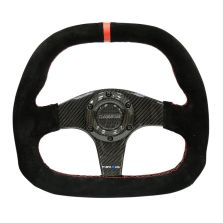 NRG Carbon Fiber Steering Wheel (320mm) Flat Btm. Blk Suede/Red Stitch w/CF Spokes & Red Center Mark