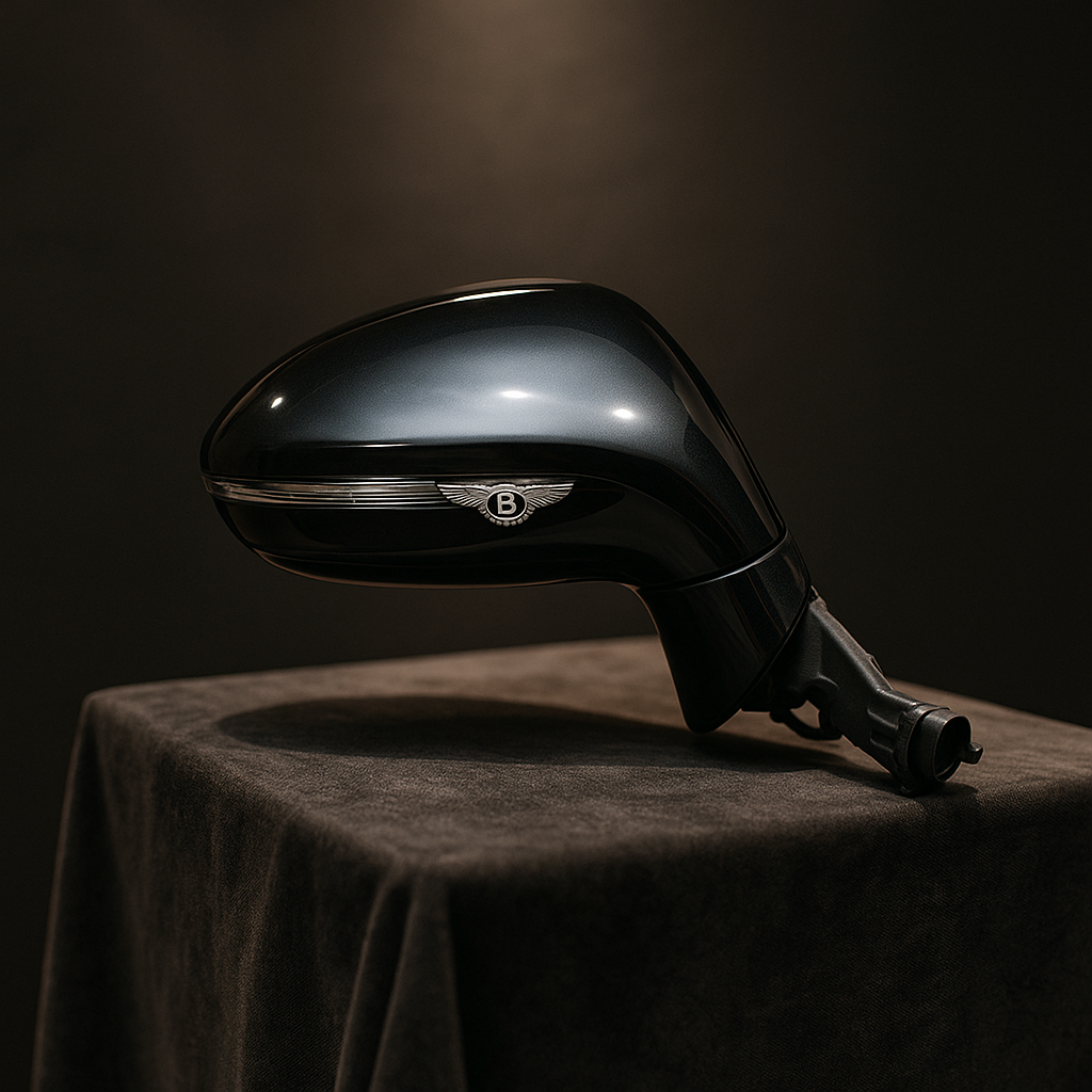 Detached Bentley Continental GT side mirror under studio lights