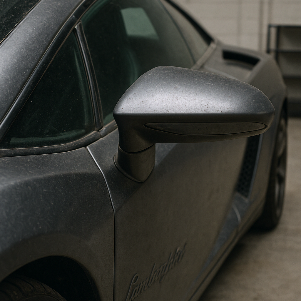 Close-up of a used Lamborghini side mirror