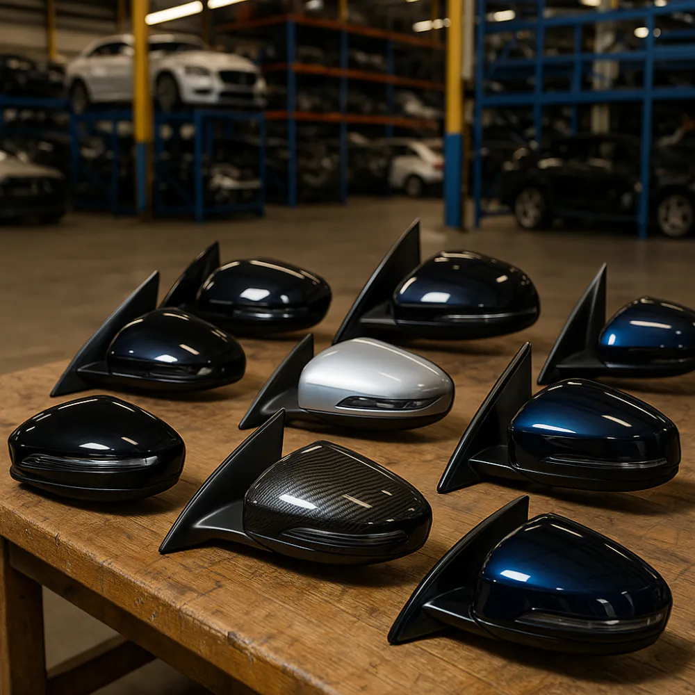 Variety of luxury car side mirrors on workbench