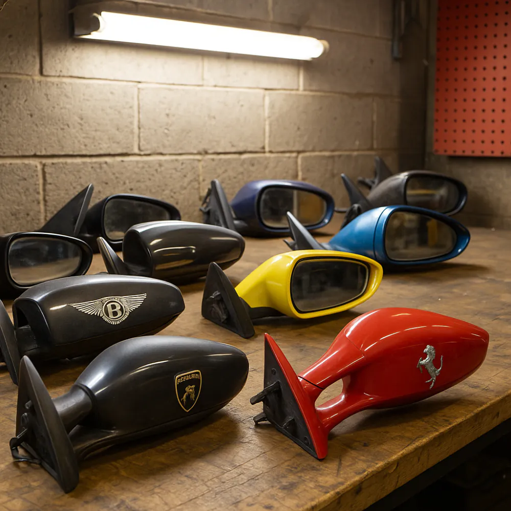 Assorted high end side mirrors displayed in workshop