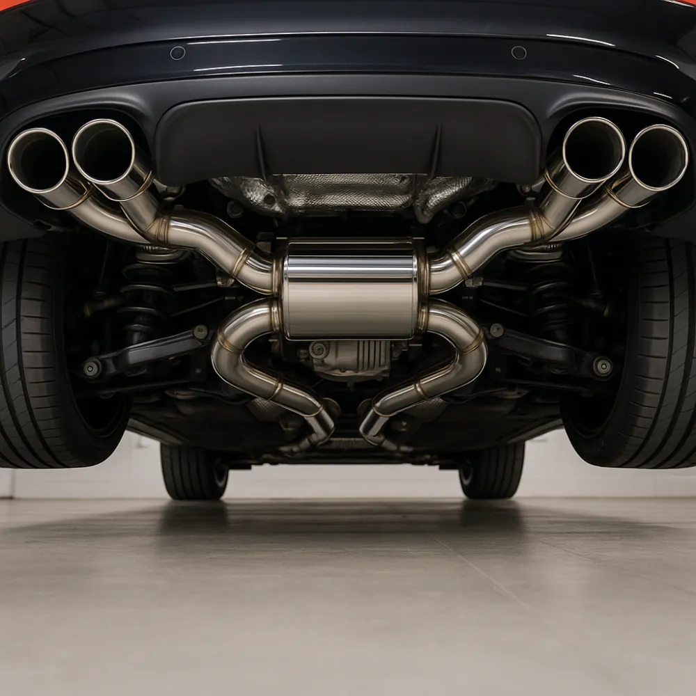 Luxury sports car undercarriage with custom dual exhaust tips