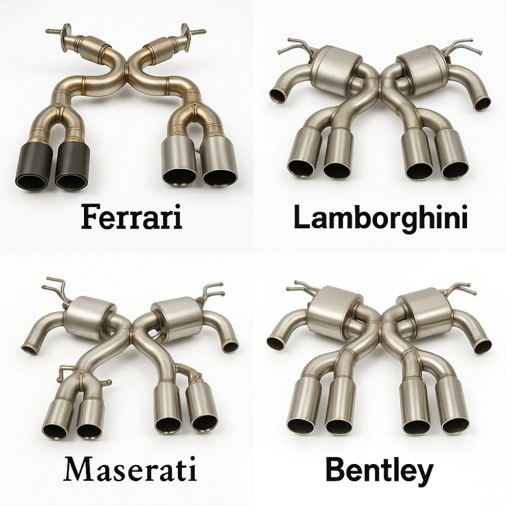 Collage of high end exhaust systems for Ferrari, Lamborghini, Maserati, and Bentley