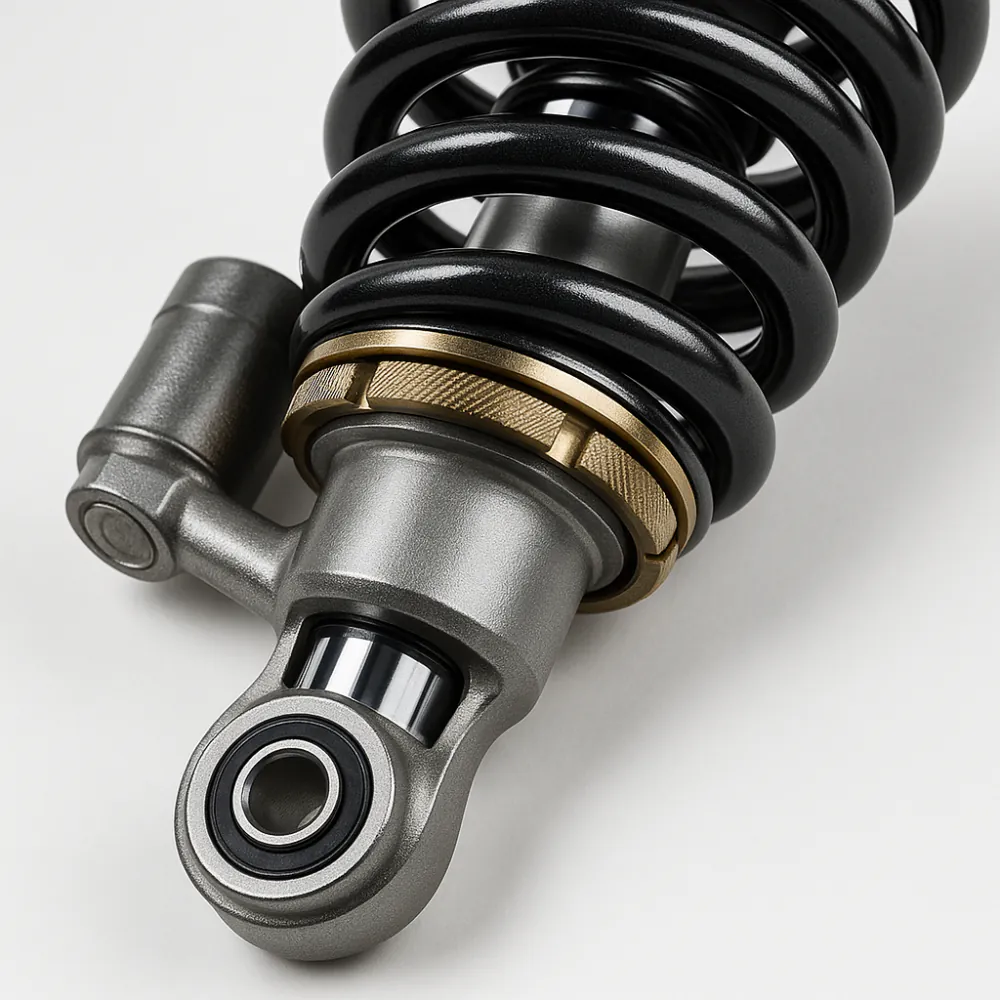 Close-up of shock absorber and coil spring on white background