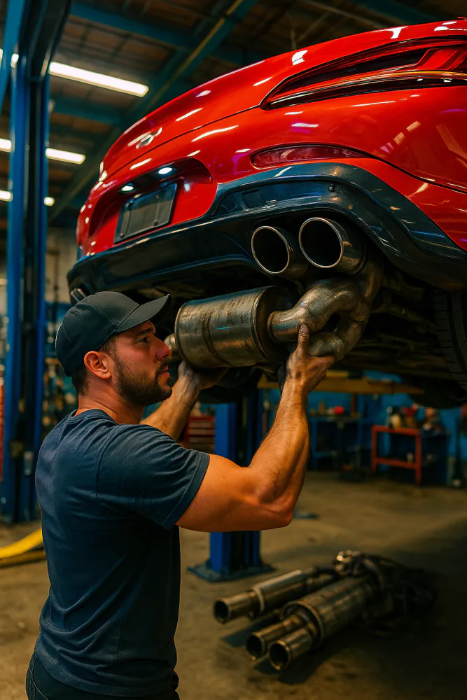 Mechanic installing a premium exhaust system on a luxury car