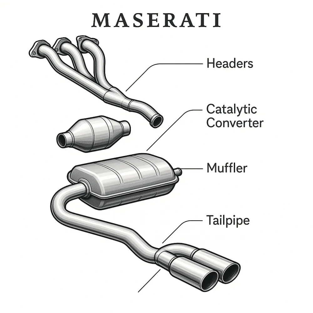 Diagram of Maserati exhaust system components