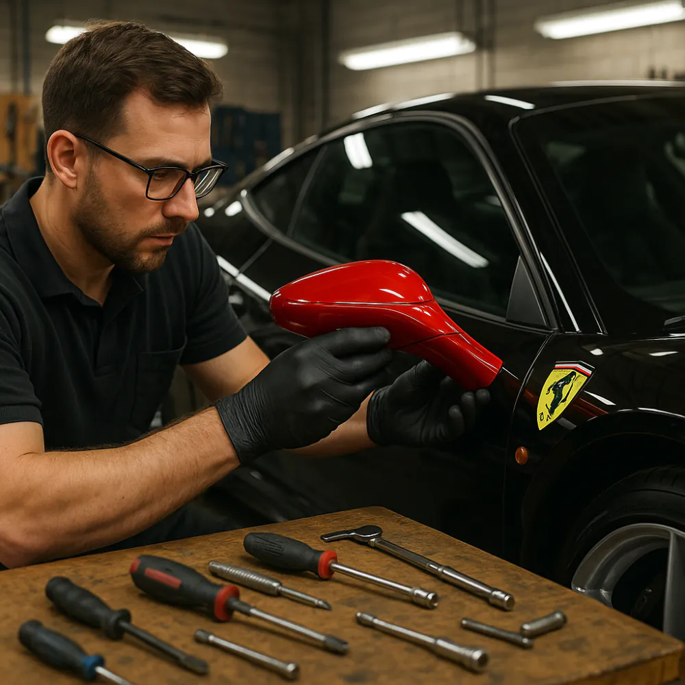 Technician installing Ferrari side mirror in workshop