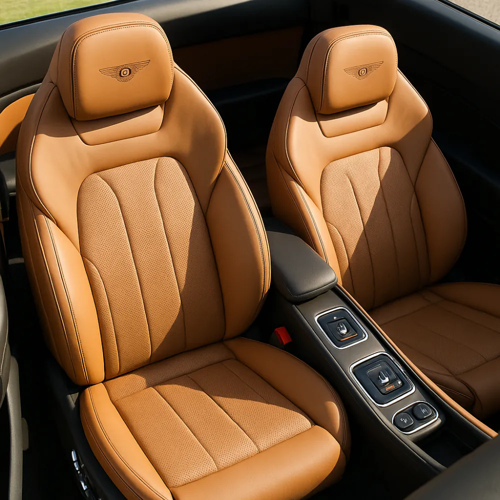 Aerial view of Bentley front seats showing controls and contours
