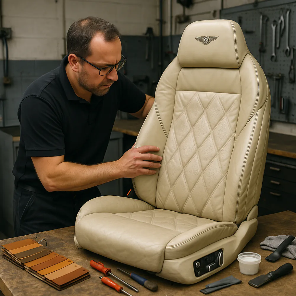 Technician refurbishing a Bentley seat in workshop