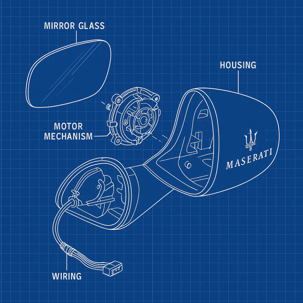 Exploded technical diagram of a Maserati side mirror assembly