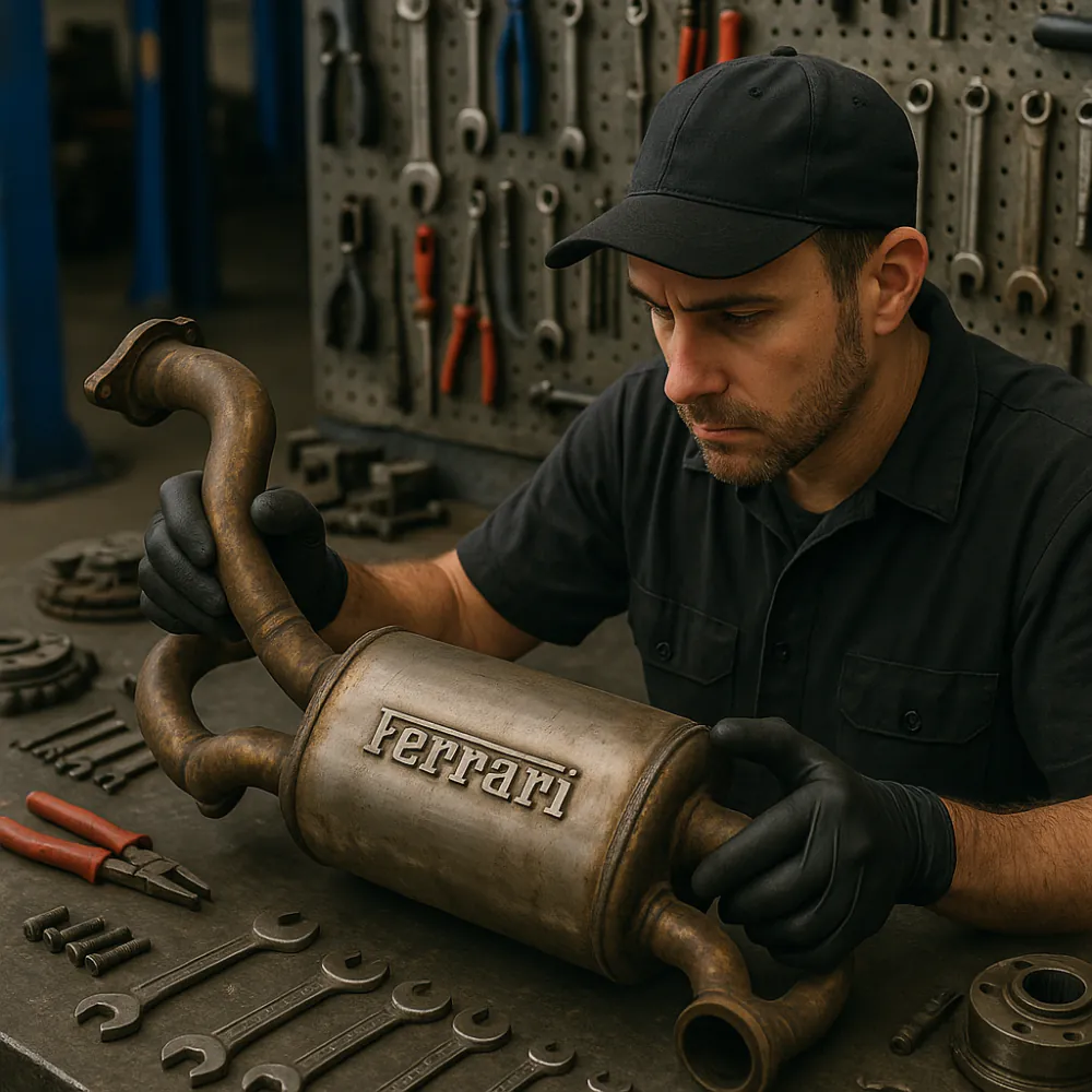 Mechanic examining a Ferrari exhaust system
