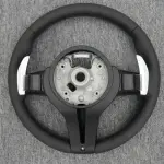 BMW Universal M series M3 M4 F series F30 F10 F15 F16 Leather Steering Wheel Upgraded with Carbon Fiber Steering Wheel Trim Cover (Paddles+Buttons+Carbon fiber Trim Cover+Flat Bottom)