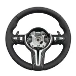 BMW Universal M series M3 M4 F series F30 F10 F15 F16 Leather Steering Wheel Upgraded with Carbon Fiber Steering Wheel Trim Cover (Paddles+Buttons+Carbon fiber Trim Cover+Flat Bottom)