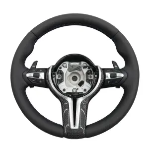 BMW Universal M series M3 M4 F series F30 F10 F15 F16 Leather Steering Wheel Upgraded with Carbon Fiber Steering Wheel Trim Cover (Paddles+Buttons+Carbon fiber Trim Cover+Flat Bottom)