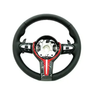 BMW Universal M Series F Series X3 F25 / X4 F26 / X5 F15 / X6 F16 & more Steel Fork Design Steering Wheel with Carbon Fiber trim cover Red/Blue (Paddles+Buttons+Carbon fiber Trim Cover+Flat Bottom)