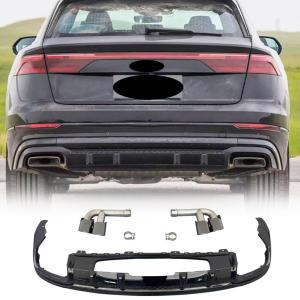 Q8 Gloss Black Rear Diffuser for Audi Q8 Sport Utility 4-Door 2024-2026 | Lower Bumper Lip Spoiler Valance Protector with Exhaust Pipe (Black Lip Black Tips)