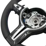 BMW Universal M series M3 M4 F series F30 F10 F15 F16 Leather Steering Wheel Upgraded with Carbon Fiber Steering Wheel Trim Cover (Paddles+Buttons+Carbon fiber Trim Cover+Flat Bottom)
